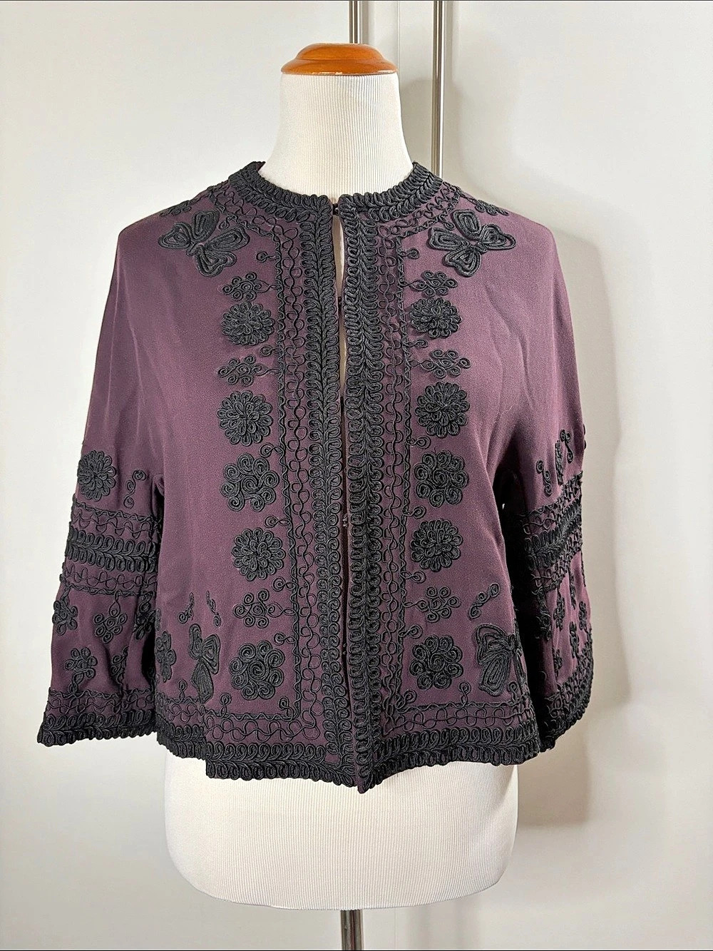 Jaeger Embroidered 100% Wool Jacket in Purple & Black UK10 Like New